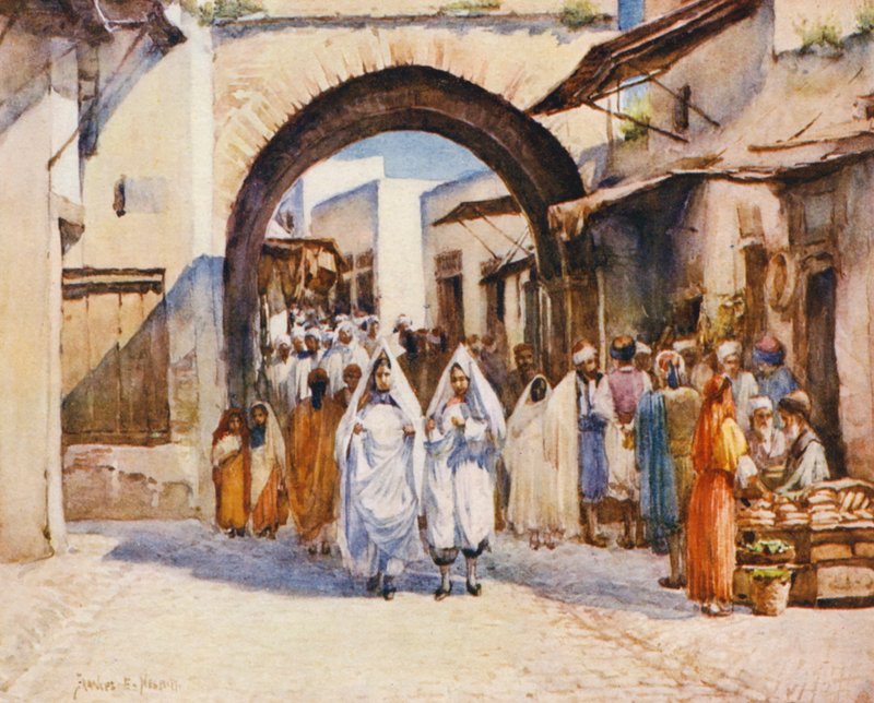 Souk el Hout, Tunis (kolorowa litografia) autorstwa Frances Nesbitt