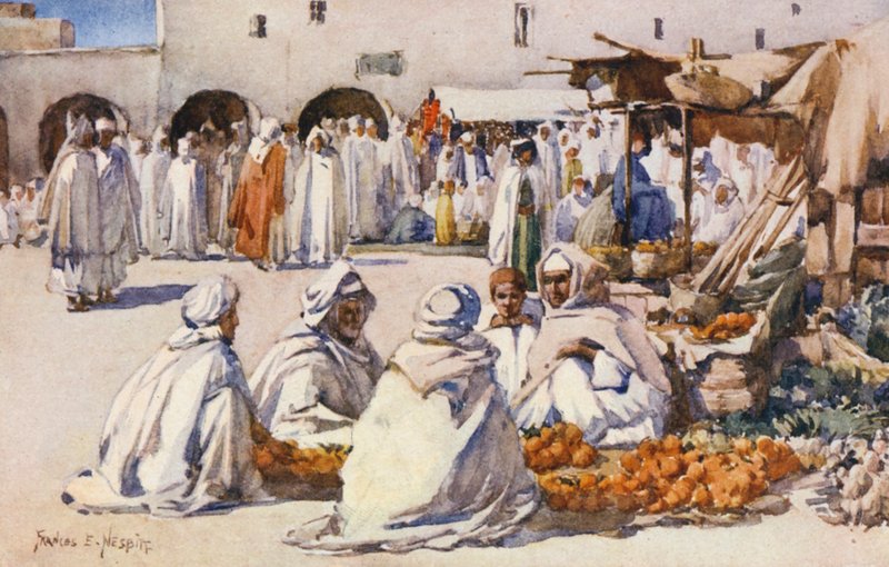 Targ owocowy, Biskra (kolorowa litografia) autorstwa Frances Nesbitt