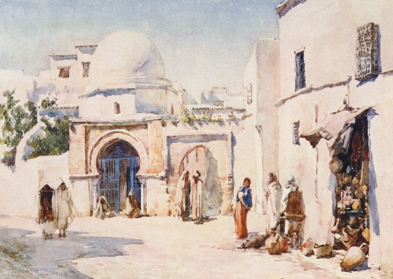 Zaouia na ulicy Tourbet el Bey w Tunisie (kolorowa litografia) autorstwa Frances Nesbitt