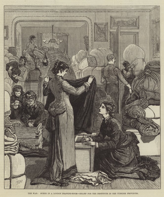 Wojna, Scena w londyńskim salonie, Pomoc dla nędzarzy w tureckich prowincjach autorstwa Francis S. Walker