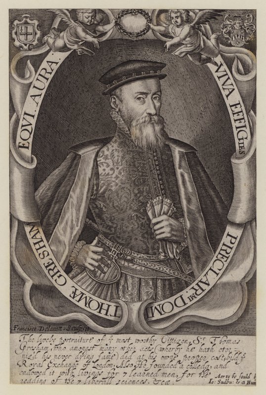 Sir Thomas Gresham, angielski kupiec i finansista, założyciel Royal Exchange (grafika) autorstwa Francis (after) Delaram