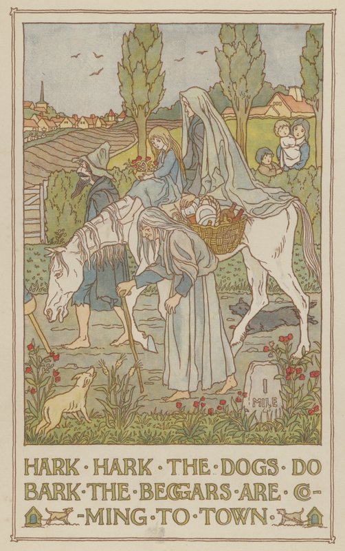 Hark hark psy szczekają żebracy przybywają do miasta (kolorowa litografia) autorstwa Francis Donkin Bedford