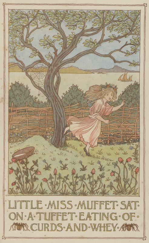 Mała Miss Muffet siedzi na pufie i je twaróg i serwatkę (kolorowa litografia) autorstwa Francis Donkin Bedford