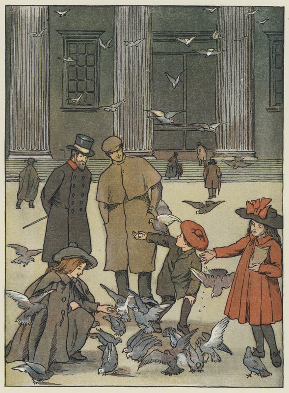 Londyn: The Museum Pigeons (kolorowa litografia) autorstwa Francis Donkin Bedford