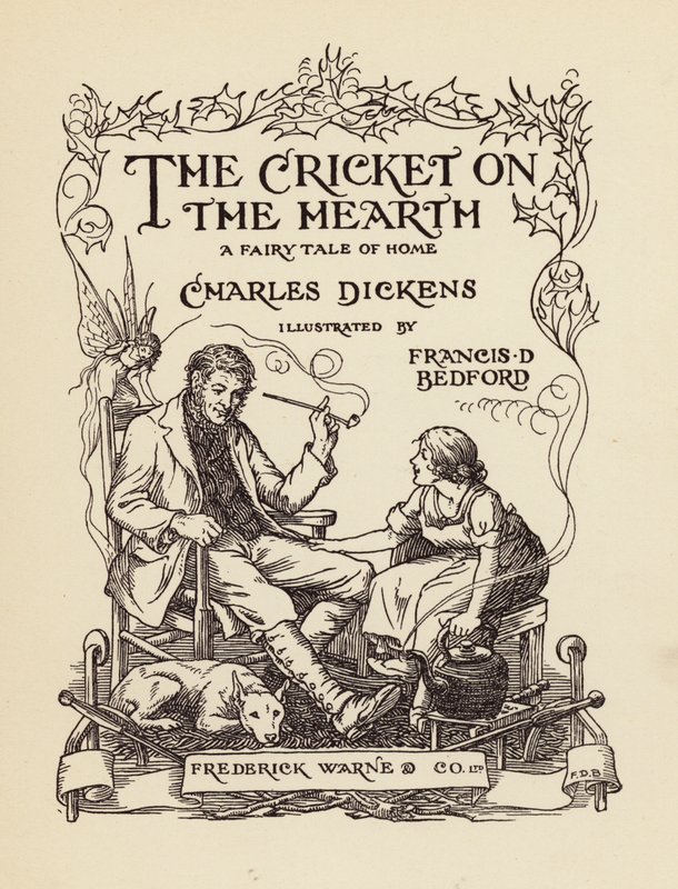 Ilustracja na stronie tytułowej książki "The Cricket on the Hearth" Charlesa Dickensa (kolorowa litografia) autorstwa Francis Donkin Bedford