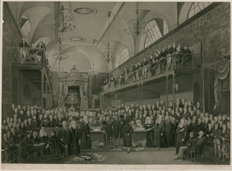 Widok wnętrza Izby Lordów podczas ważnego śledztwa w 1820 r. (rycina) autorstwa Francis Phillip (after) Stephanoff