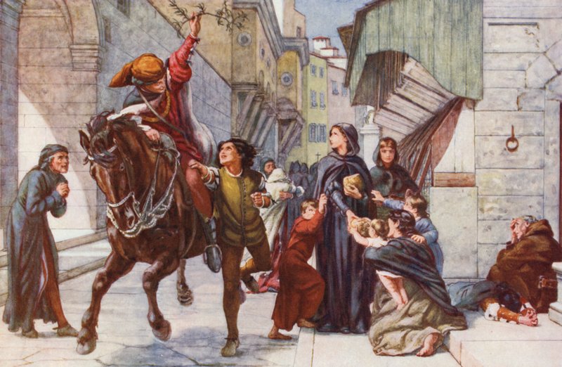 Niosąc wiadomość o pomocy dla Florencji (kolorowa litografia) autorstwa Francis William (after) Topham
