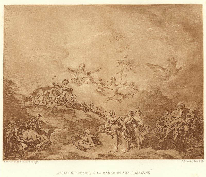 Apollo przewodniczy tańcowi i pieśniom (rycina) autorstwa Francois (after) Boucher
