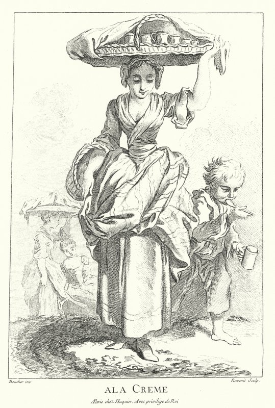 Sprzedawca śmietany (grawerunek) autorstwa Francois (after) Boucher