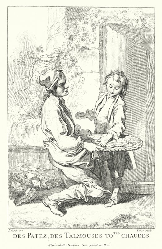 Sprzedawca ciast (grawerunek) autorstwa Francois (after) Boucher