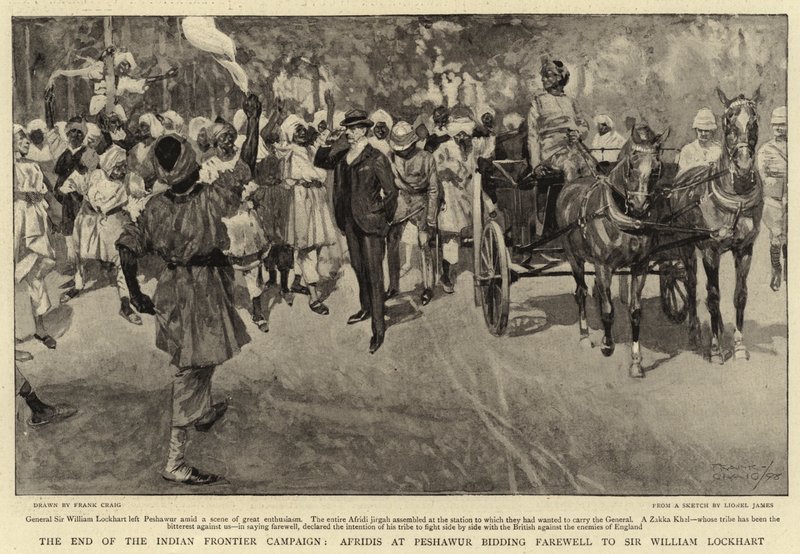 Koniec kampanii Indian Frontier, Afridis w Peshawur żegna się z Sir Williamem Lockhartem autorstwa Frank Craig