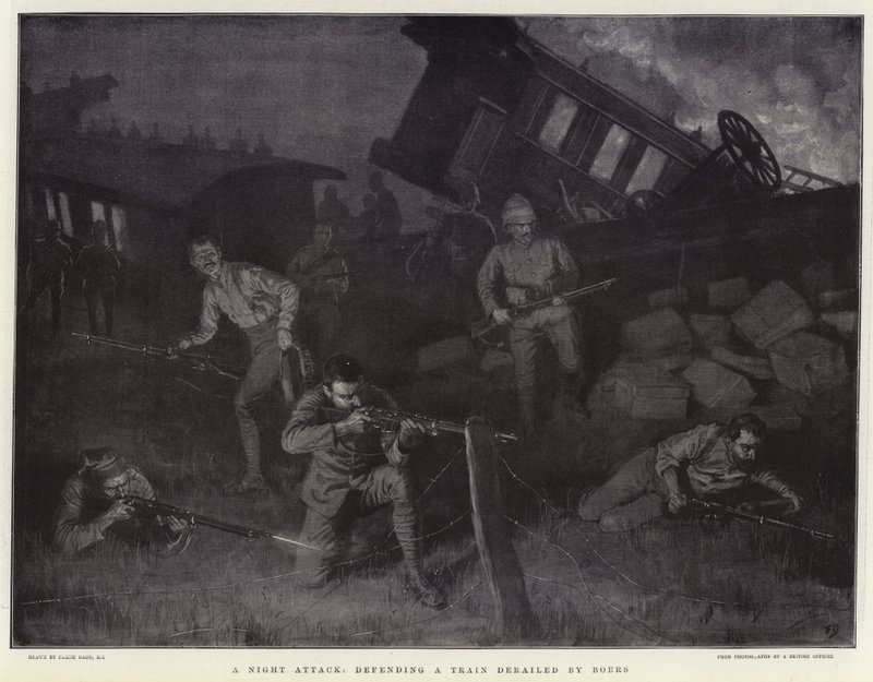 Atak nocny, obrona pociągu wykolejonego przez Burów autorstwa Frank Dadd