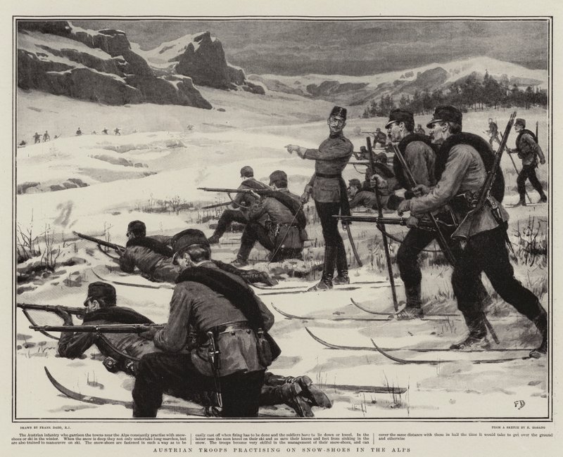 Oddziały austriackie ćwiczą na rakietach śnieżnych w Alpach autorstwa Frank Dadd