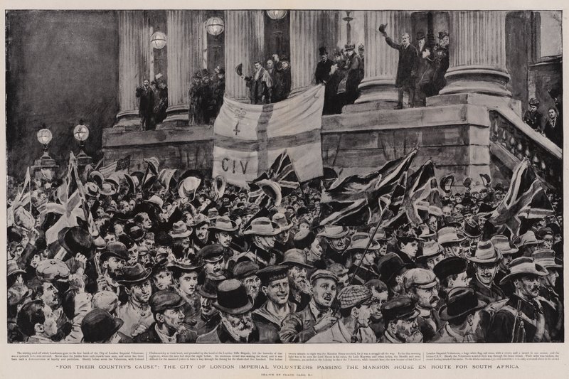 W imię sprawy swojego kraju londyńscy wolontariusze cesarscy przechodzą obok Mansion House w drodze do Republiki Południowej Afryki autorstwa Frank Dadd