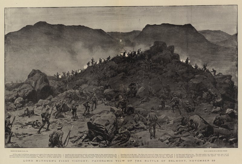Pierwsze zwycięstwo Lorda Methuena, panoramiczny widok bitwy pod Belmont, 28 listopada autorstwa Frank Dadd