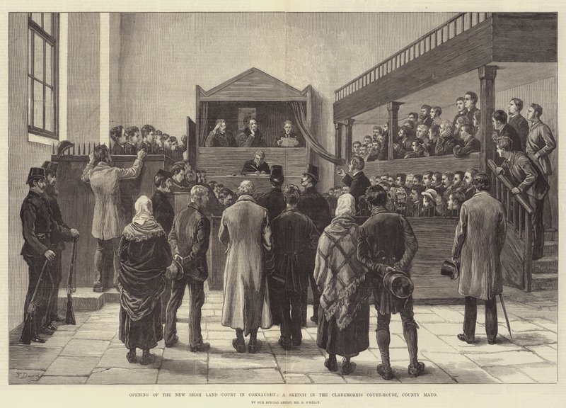 Otwarcie nowego irlandzkiego sądu ziemskiego w Connaught, szkic w sądzie Claremorris w hrabstwie Mayo autorstwa Frank Dadd