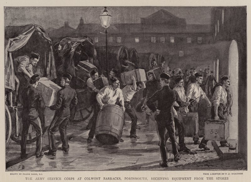 Korpus Służby Wojskowej w Colwort Barracks, Portsmouth, odbierający sprzęt z magazynów autorstwa Frank Dadd