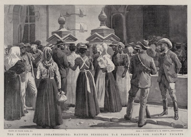 Exodus z Johannesburga, tubylcy oblegający plebanię za bilety kolejowe autorstwa Frank Dadd