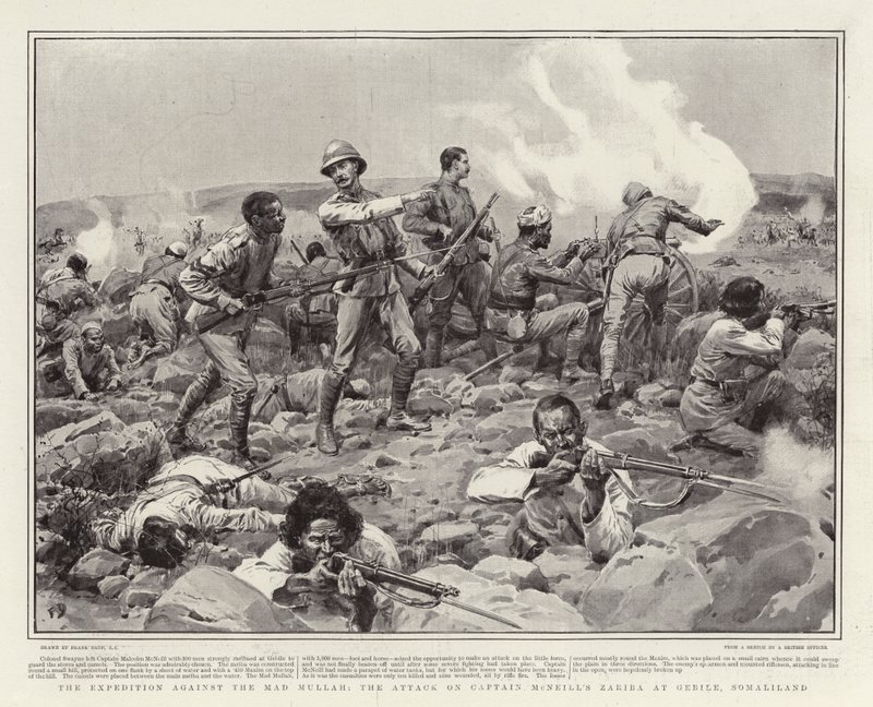 Wyprawa przeciwko szalonemu mułle, atak na Zaribę kapitana McNeilla w Gebile, Somaliland autorstwa Frank Dadd