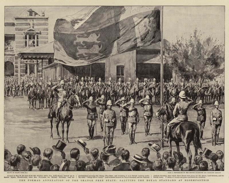 Formalna aneksja Wolnego Państwa Pomarańczowego, salutowanie Królewskiego Sztandaru w Bloemfontein autorstwa Frank Dadd