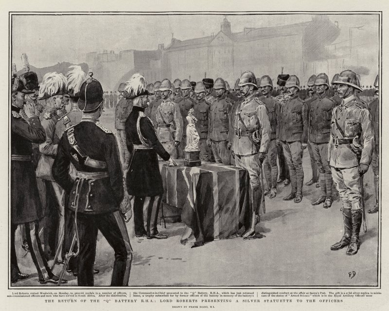 Powrót baterii Q RHA, Lord Roberts wręczający oficerom srebrną statuetkę autorstwa Frank Dadd