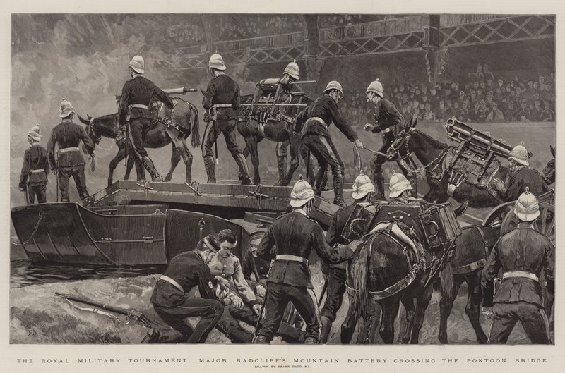 Królewski Turniej Wojskowy, Bateria Górska Majora Radcliffa przekraczająca Most Pontonowy autorstwa Frank Dadd