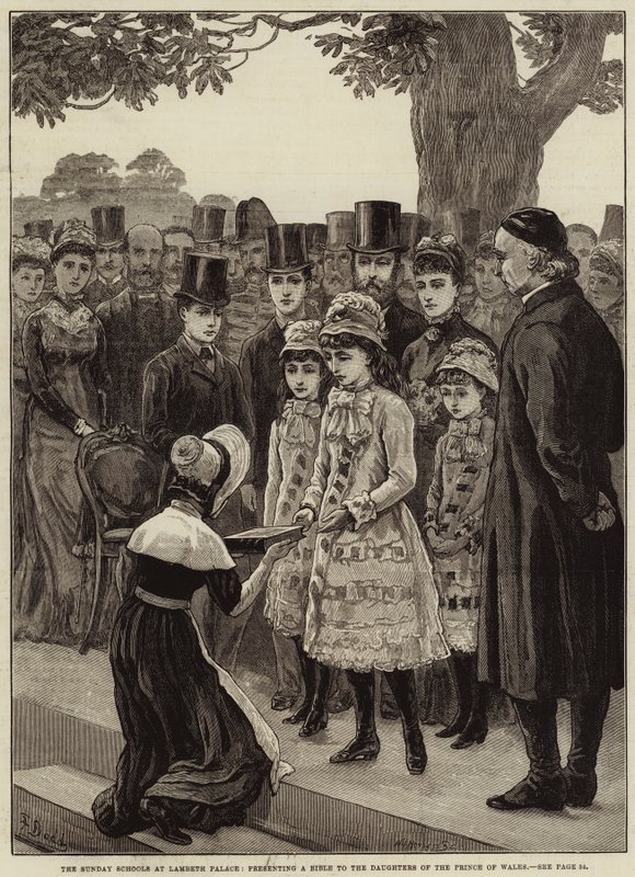 Szkoły niedzielne w Pałacu Lambeth, prezentujące Biblię córkom księcia Walii autorstwa Frank Dadd