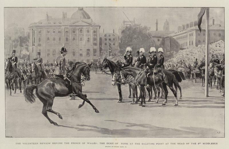 Przegląd wolontariuszy przed księciem Walii, księciem Yorku w Saluting Point na czele 3. Middlesex autorstwa Frank Dadd