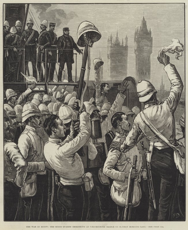 Wojna w Egipcie, Scots Guards wsiadający na Westminster Bridge w niedzielę rano. autorstwa Frank Dadd