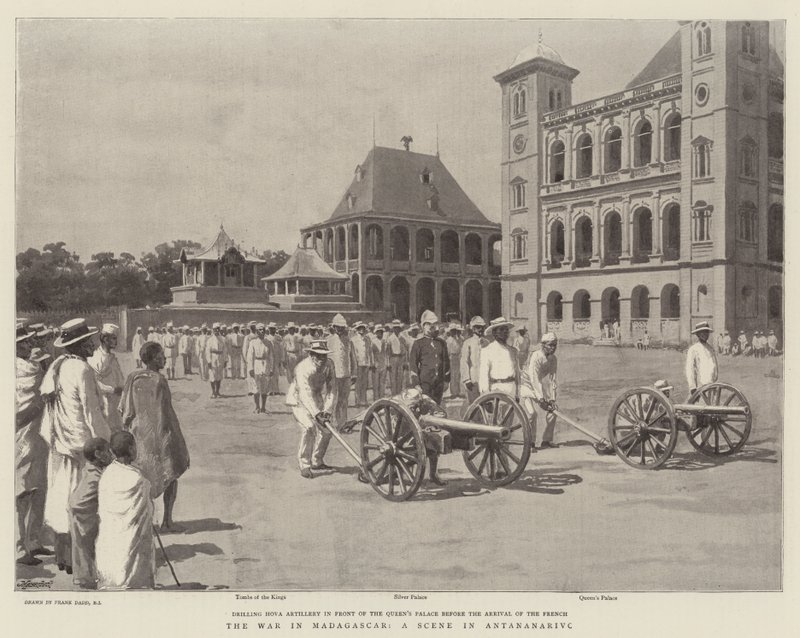 Wojna na Madagaskarze, scena w Antananarywa autorstwa Frank Dadd