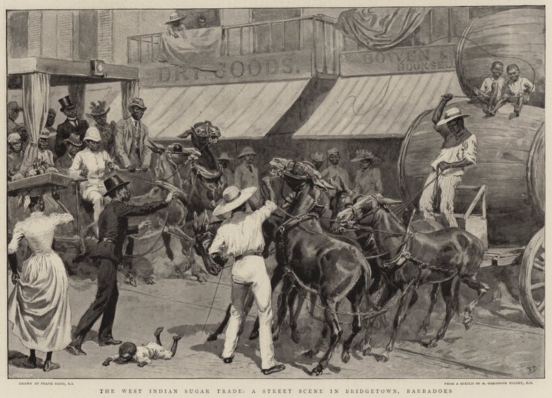 Zachodnioindyjski handel cukrem, scena uliczna w Bridgetown, Barbados autorstwa Frank Dadd