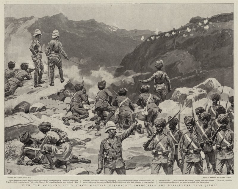 Z Mohmand Field Force, generał Westmacott prowadzący wycofywanie się z Jarobi autorstwa Frank Dadd