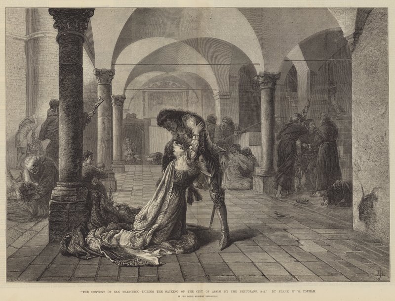 Klasztor św. Franciszka podczas ataku Perugian na Asyż, 1442 r. autorstwa Frank William Warwick Topham