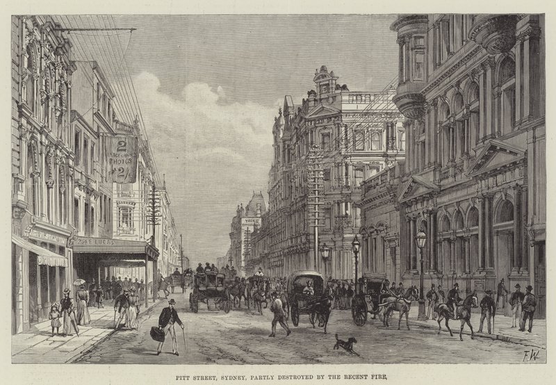 Pitt Street, Sydney, częściowo zniszczony przez niedawny pożar autorstwa Frank Watkins