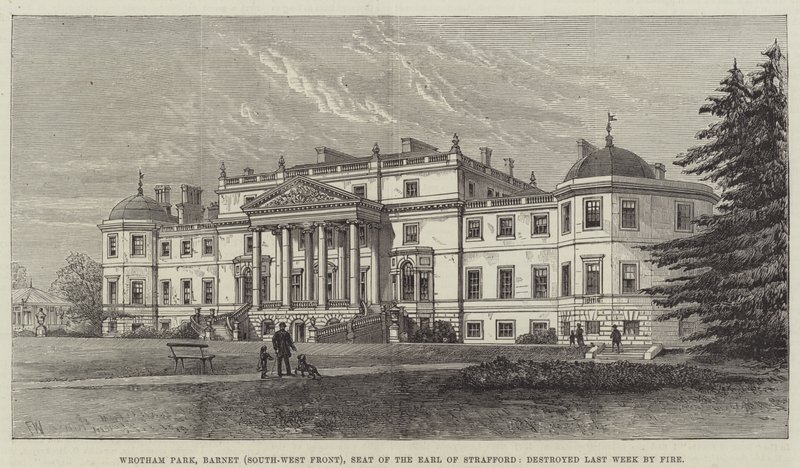 Wrotham Park, Barnet (front południowo-zachodni), siedziba hrabiego Strafford, zniszczony w zeszłym tygodniu przez pożar autorstwa Frank Watkins