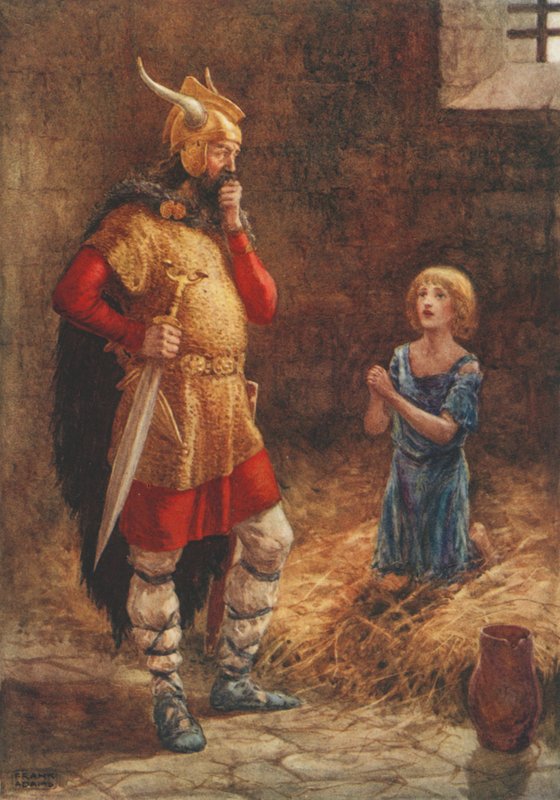 Havelok błaga o miłosierdzie Godarda, ze starej ballady Havelok the Duńczyk (kolor lito) autorstwa Frank Adams