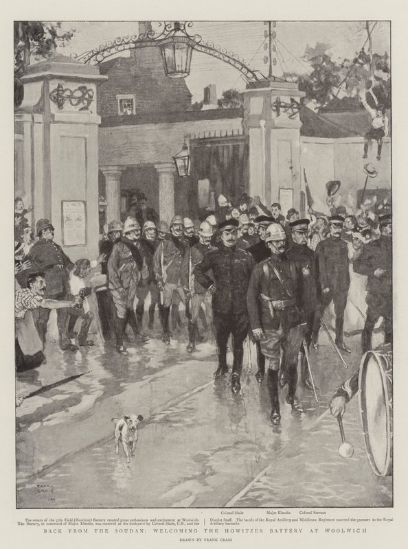 Powrót z Soudanu, powitanie baterii haubic w Woolwich autorstwa Frank Craig