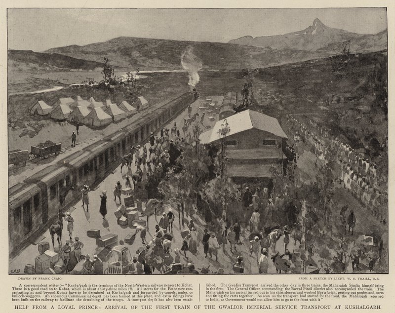 Pomoc od lojalnego księcia, przyjazd pierwszego pociągu Gwalior Imperial Service Transport do Kushalgarh autorstwa Frank Craig