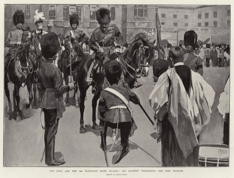Król i 3 Batalion Scots Guards, Jego Wysokość przedstawia Nowe Kolory autorstwa Frank Craig