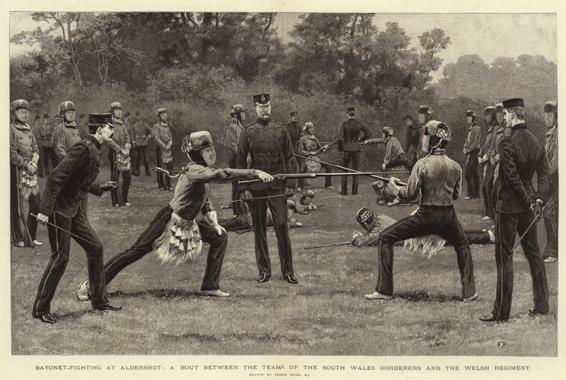 Walka bagnetowa w Aldershot, walka między drużynami South Wales Borderers a walijskim pułkiem autorstwa Frank Dadd