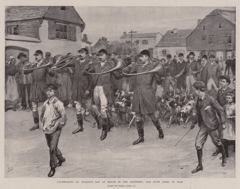 Obchody dnia św. Huberta w Bievre w Ardenach, polowanie na mszę autorstwa Frank Dadd