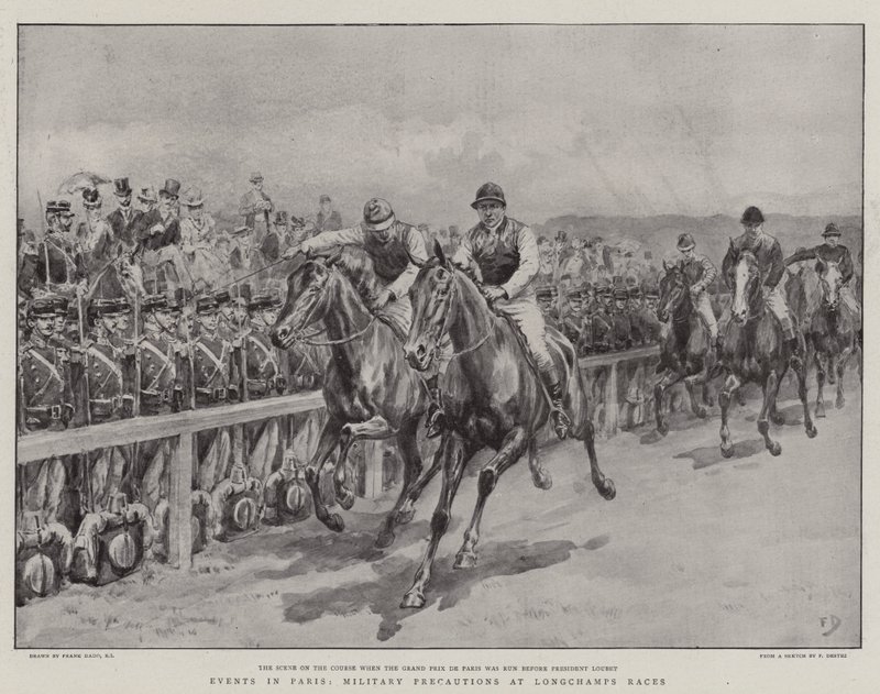 Wydarzenia w Paryżu, środki ostrożności wojskowe na wyścigach Longchamps autorstwa Frank Dadd