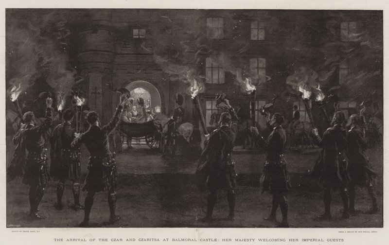 Przybycie cara i caricy do zamku Balmoral, Jej Wysokość wita swoich cesarskich Gości autorstwa Frank Dadd
