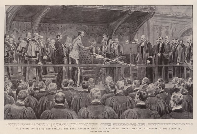 Hołd miasta dla Sirdara, Lorda Burmistrza wręczającego Miecz Honoru Lordowi Kitchenerowi w Guildhall autorstwa Frank Dadd
