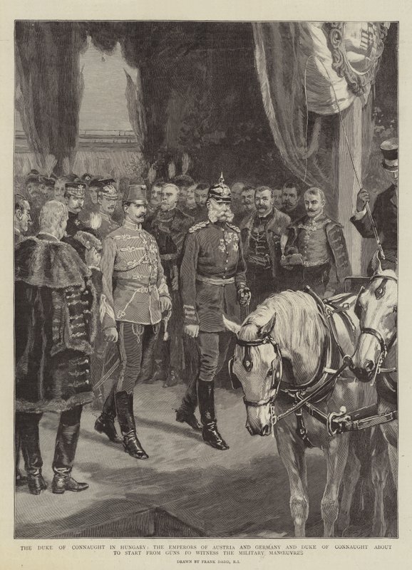 Książę Connaught na Węgrzech, cesarze Austrii i Niemiec oraz książę Connaught wkrótce wyruszą od Guns, aby być świadkami manewrów wojskowych autorstwa Frank Dadd