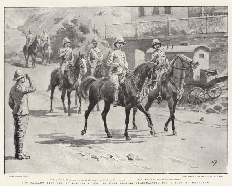Waleczny obrońca Ladysmith i jego sztab opuszczają kwaterę główną, by udać się na inspekcję. autorstwa Frank Dadd