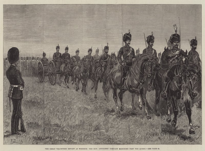 The Great Volunteer Review w Windsor, Honorowa Kompania Artylerii maszerująca obok Królowej autorstwa Frank Dadd