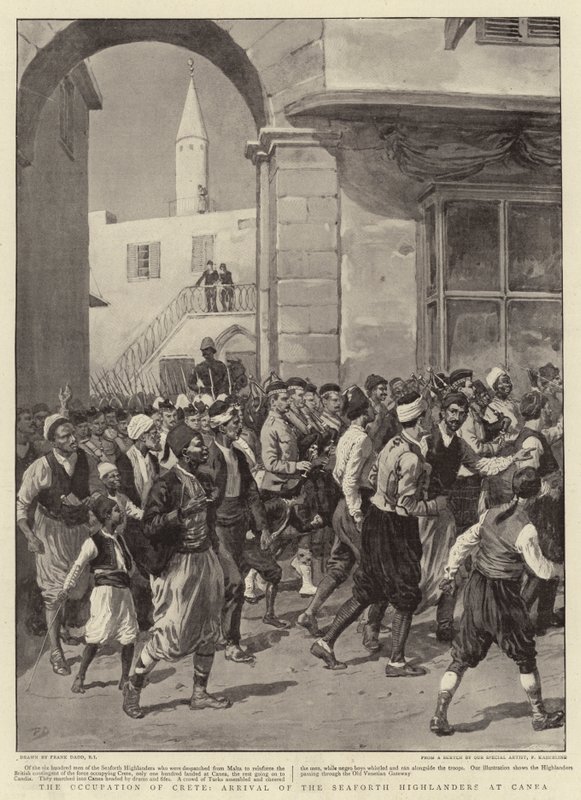 Okupacja Krety, przybycie górali z Seaforth do Canea autorstwa Frank Dadd