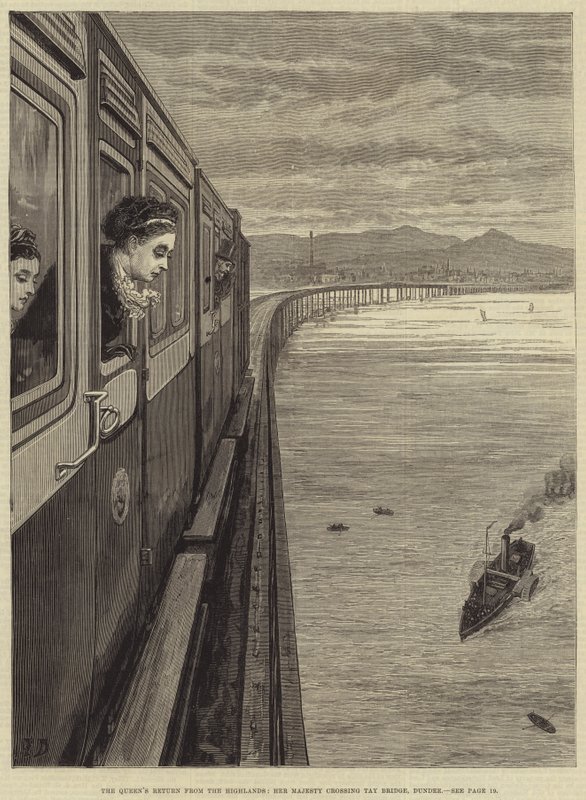 Powrót królowej z Highlands, Jej Wysokość przejeżdża przez most Tay Bridge, Dundee autorstwa Frank Dadd