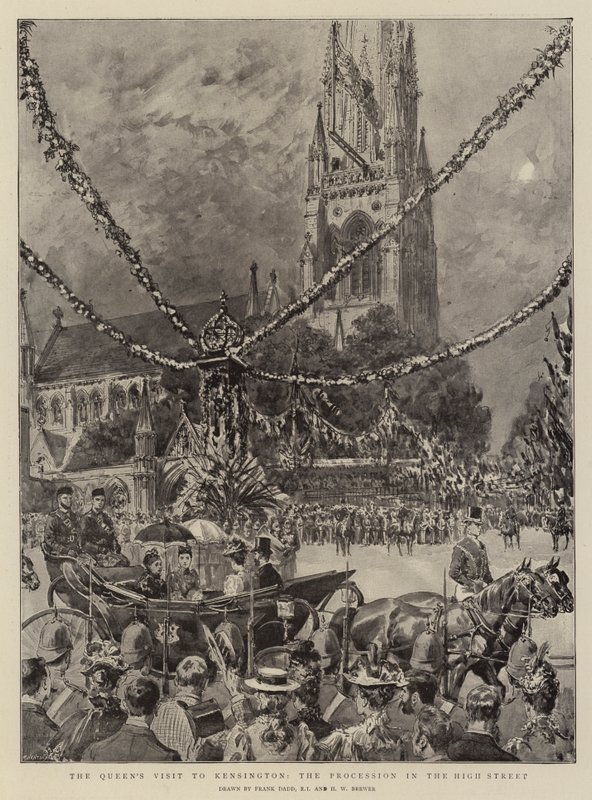 Wizyta królowej w Kensington, procesja na High Street autorstwa Frank Dadd